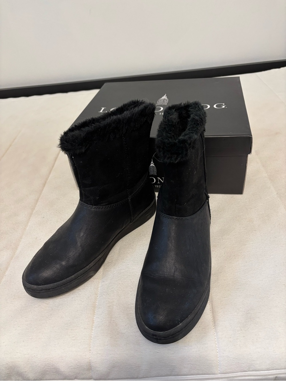 NEW IN THE BOX LONDON Fog Women's Black Faux Fur Cuff Winter Ankle Boots